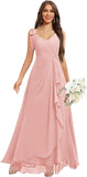 Chiffon Bridesmaid Dresses for Women Ruffles V Neck Flowy Long Formal Evening Dress with Bow