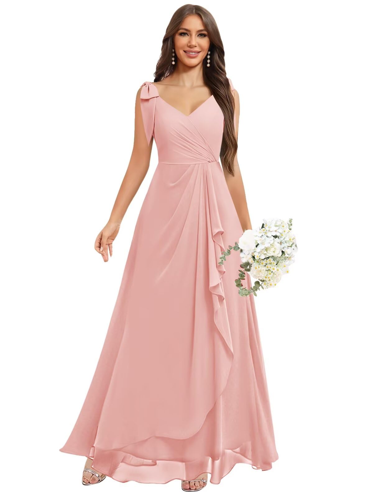 Chiffon Bridesmaid Dresses for Women Ruffles V Neck Flowy Long Formal Evening Dress with Bow