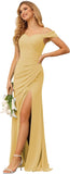 Vestidos de dama de honor de gasa con hombros descubiertos para mujer, vestidos formales largos de sirena fruncidos con abertura 