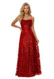 Lace Sequin Prom Dresses Spaghetti Straps A-Line Cowl Neck Pleated Sparkly Long Formal Evening Party Gowns
