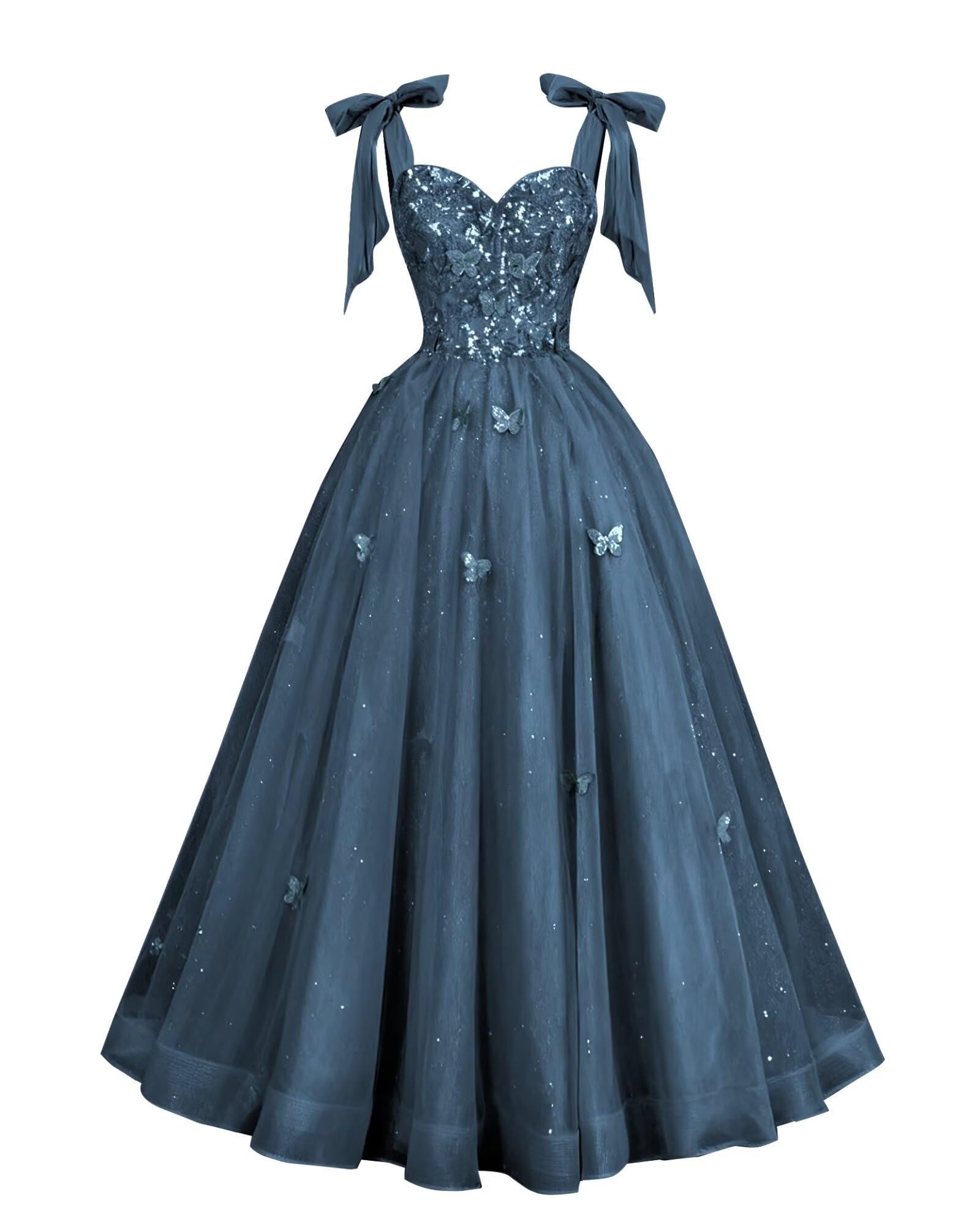 Glitter Tulle Prom Dress for Teens 3D Butterfly Long Ball Gowns Sequin Princess Quinceanera Dresses with Bow