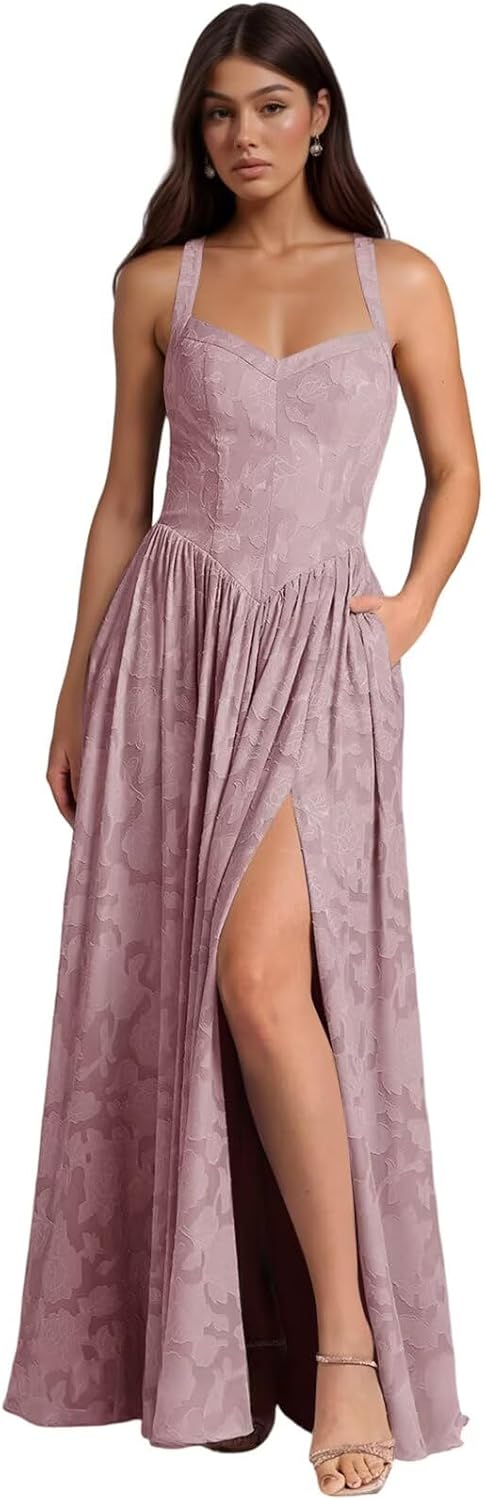 Jacquard Floral Lace Wedding Guest Dress Long Slit A Line Bridesmaid Dresses with Pockets Formal Gown