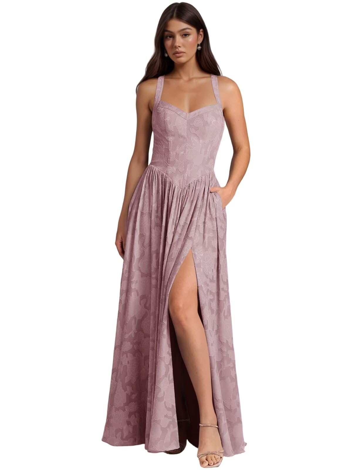 Jacquard Floral Lace Wedding Guest Dress Long Slit A Line Bridesmaid Dresses with Pockets Formal Gown
