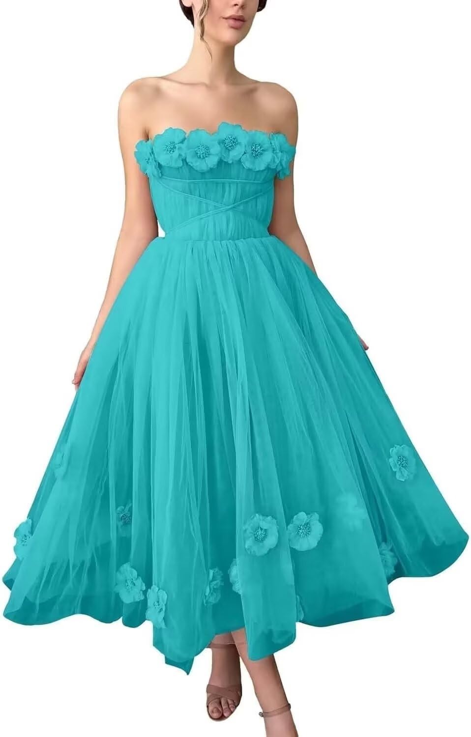 Women's 3D Flower Off Shoulder Tea Length Whimsical Prom Dress, A Line Strapless Tulle Formal Evening Party Gown