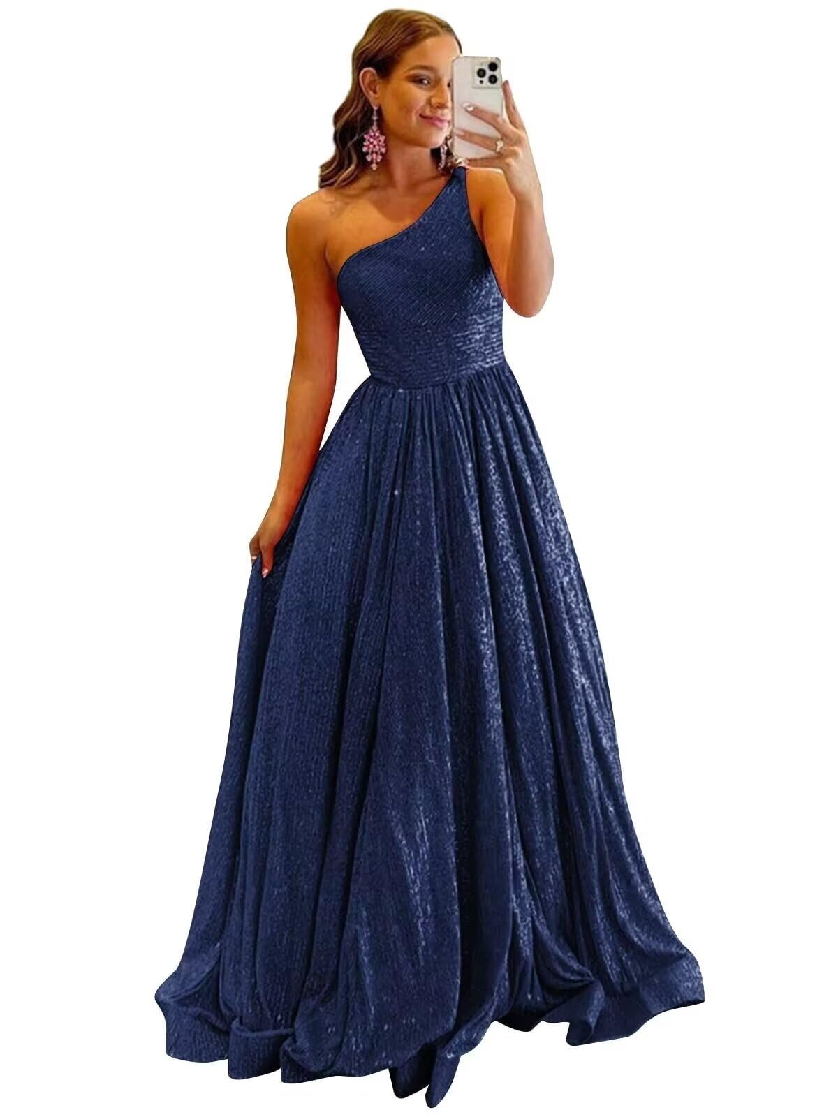 One Shoulder Sequin Prom Dresses for Women 2027 Sparkly Long A-Line Formal Evening Party Ball Gowns with Pockets