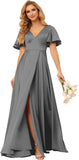 Women's V Neck Ruffle Sleeves Bridesmaid Dresses with Slit 2025 Satin A-Line Formal Evening Gowns