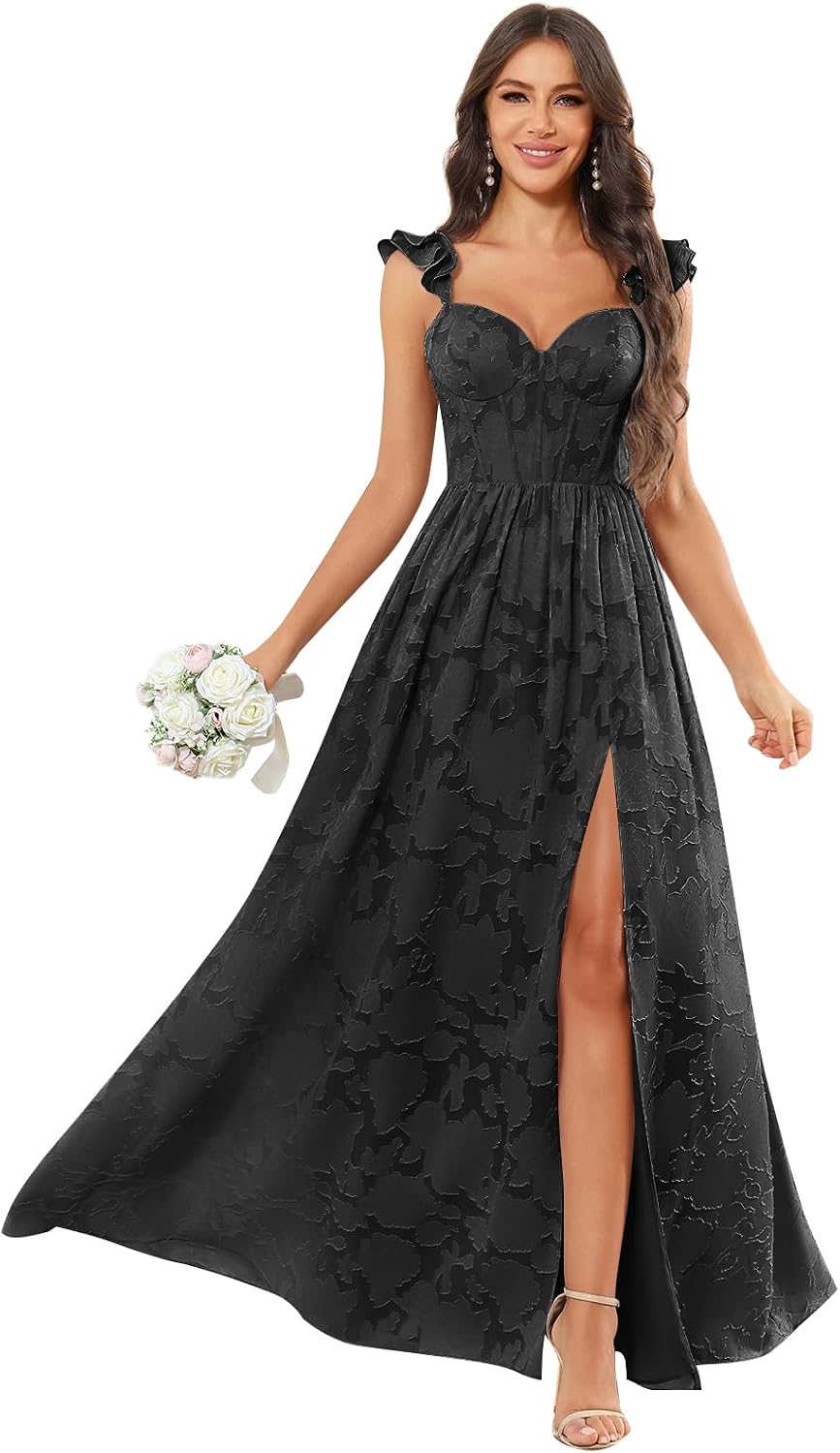 Chiffon Floral Bridesmaid Dresses with Slit Sleeveless Corset Ruffle A Line Long Formal Evening Gowns