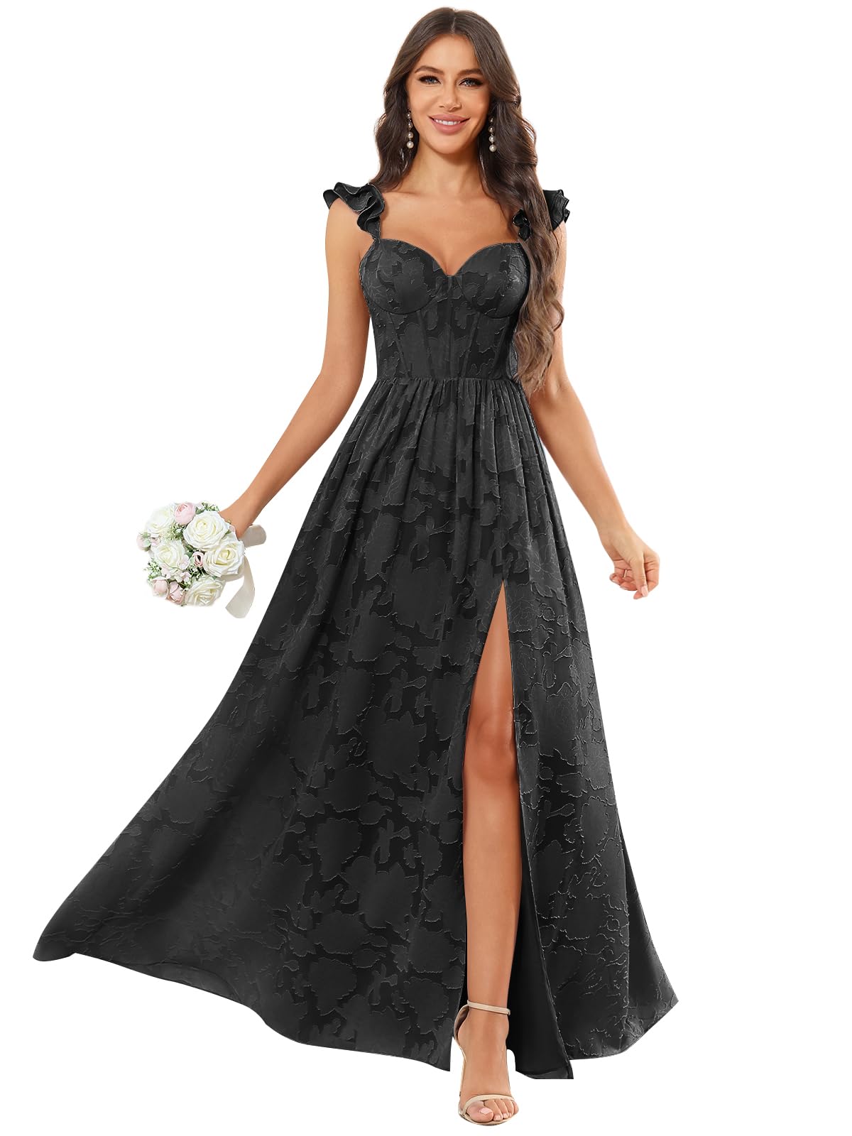 Chiffon Floral Bridesmaid Dresses with Slit Sleeveless Corset Ruffle A Line Long Formal Evening Gowns