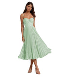 Floral Satin Midi Wedding Guest Dresses Pleated Tea Length Formal Evening Party Gowns