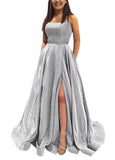 Kingbridal Gowns Spaghetti Straps Prom Dresses Long for Women 2026 A Line Sequin Satin Formal Evening Party Ball Gowns with Slit