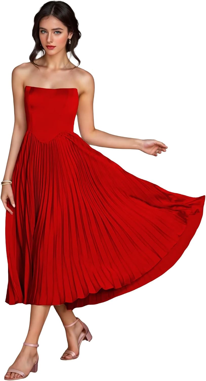 Women's Strapless Bridesmaid Dresses for Womens Tea Length Ruffle Satin Formal Prom Dress