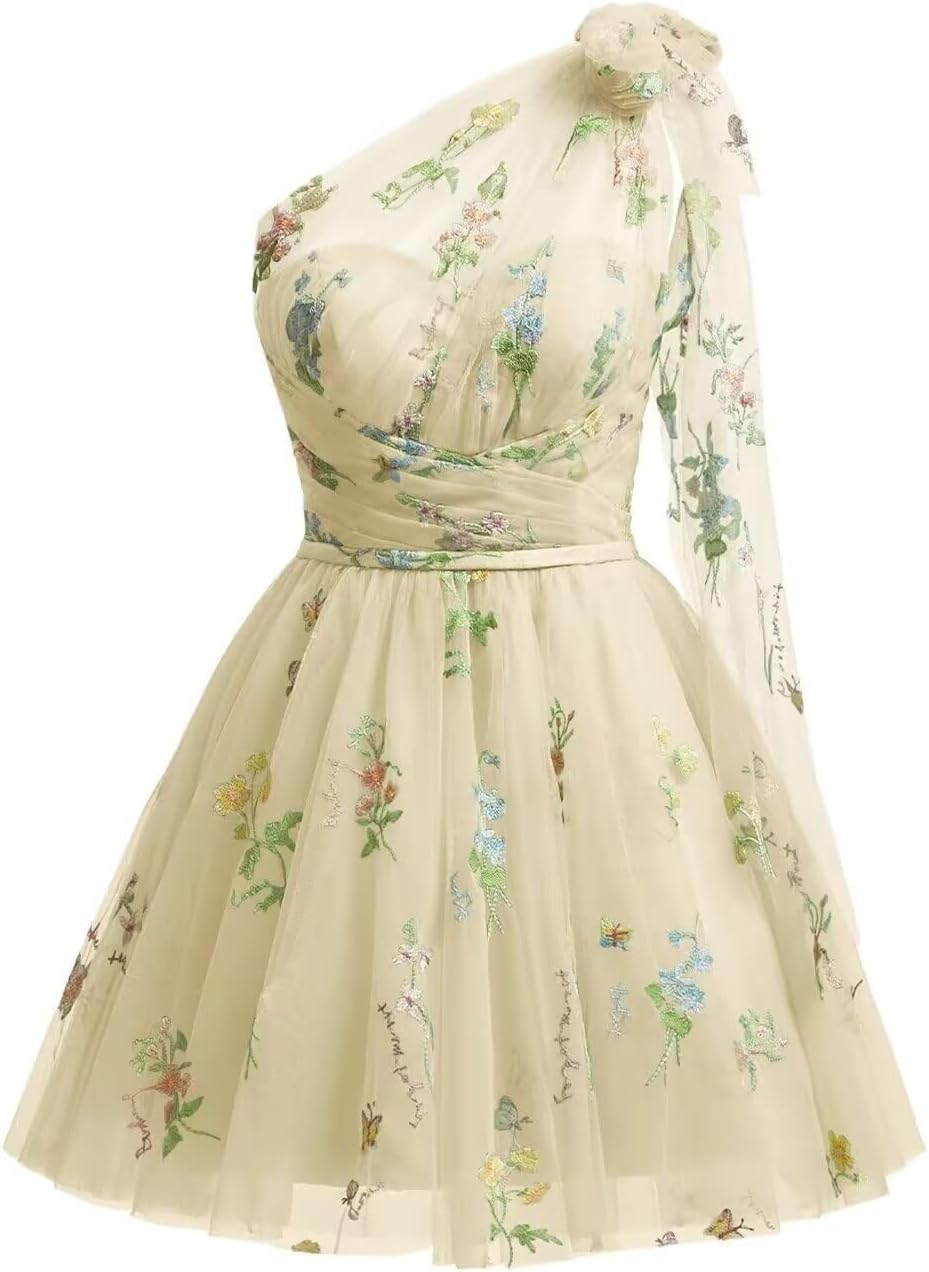 One Shoulder Homecoming Dresses for Teens Flower Embroidery Tulle Short Prom Dress A-Line Formal Party Ball Gowns