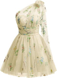 One Shoulder Homecoming Dresses for Teens Flower Embroidery Tulle Short Prom Dress A-Line Formal Party Ball Gowns