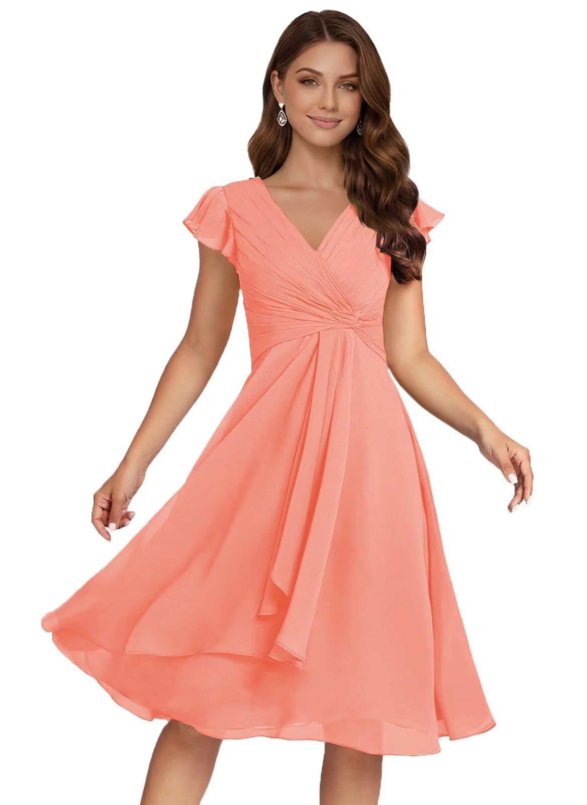Short Chiffon Bridesmaid Dresses for Women V Neck Flutter Sleeves Ruffle Formal Cocktail Gowns with Pockets