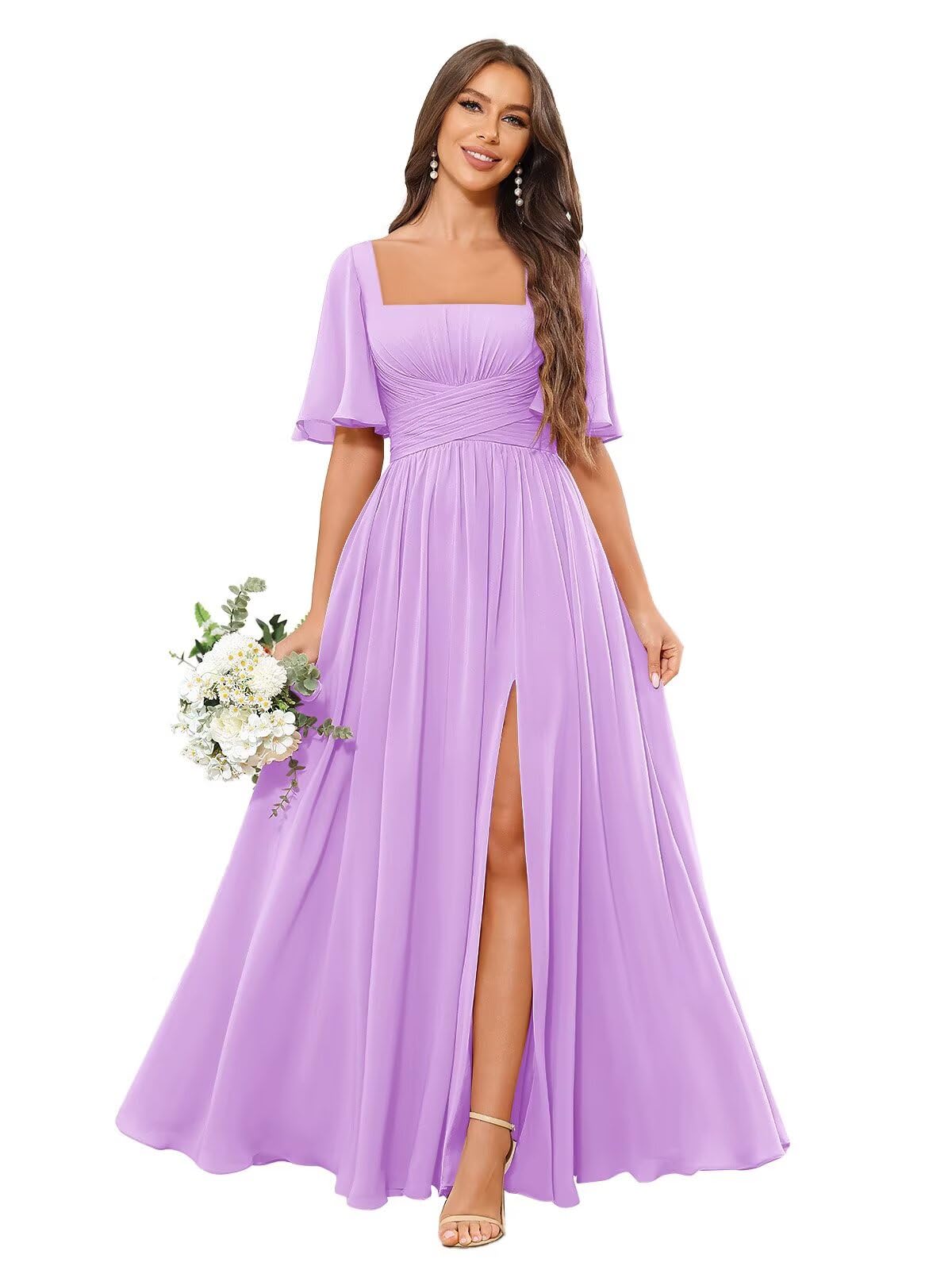 Square Neck Bridesmaid Dresses with Slit Pockets Flutter Sleeve Long Chiffon Formal Wedding Guest Dress