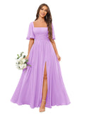 Square Neck Bridesmaid Dresses with Slit Pockets Flutter Sleeve Long Chiffon Formal Wedding Guest Dress