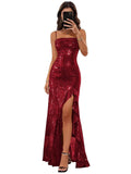 Spaghetti Straps Prom Dresses Long Glitter Sequin Formal Evening Party Dresses with Slit
