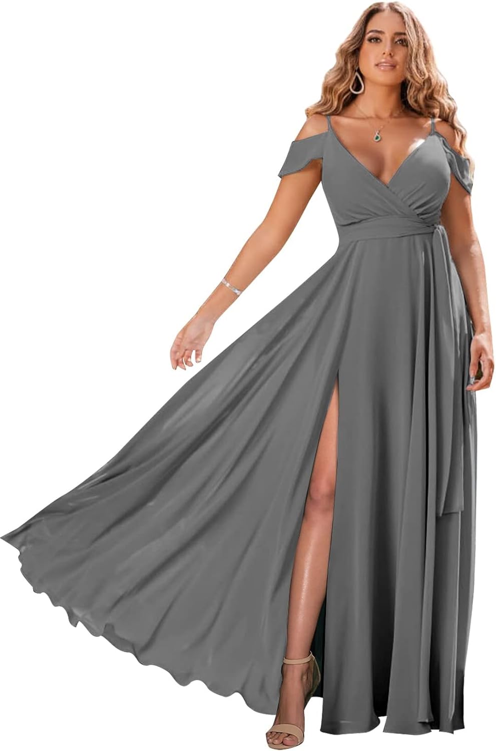 Schulterfreie Brautjungfernkleider 2025 für Frauen, langes Chiffon-Abendkleid mit V-Ausschnitt und Schlitz