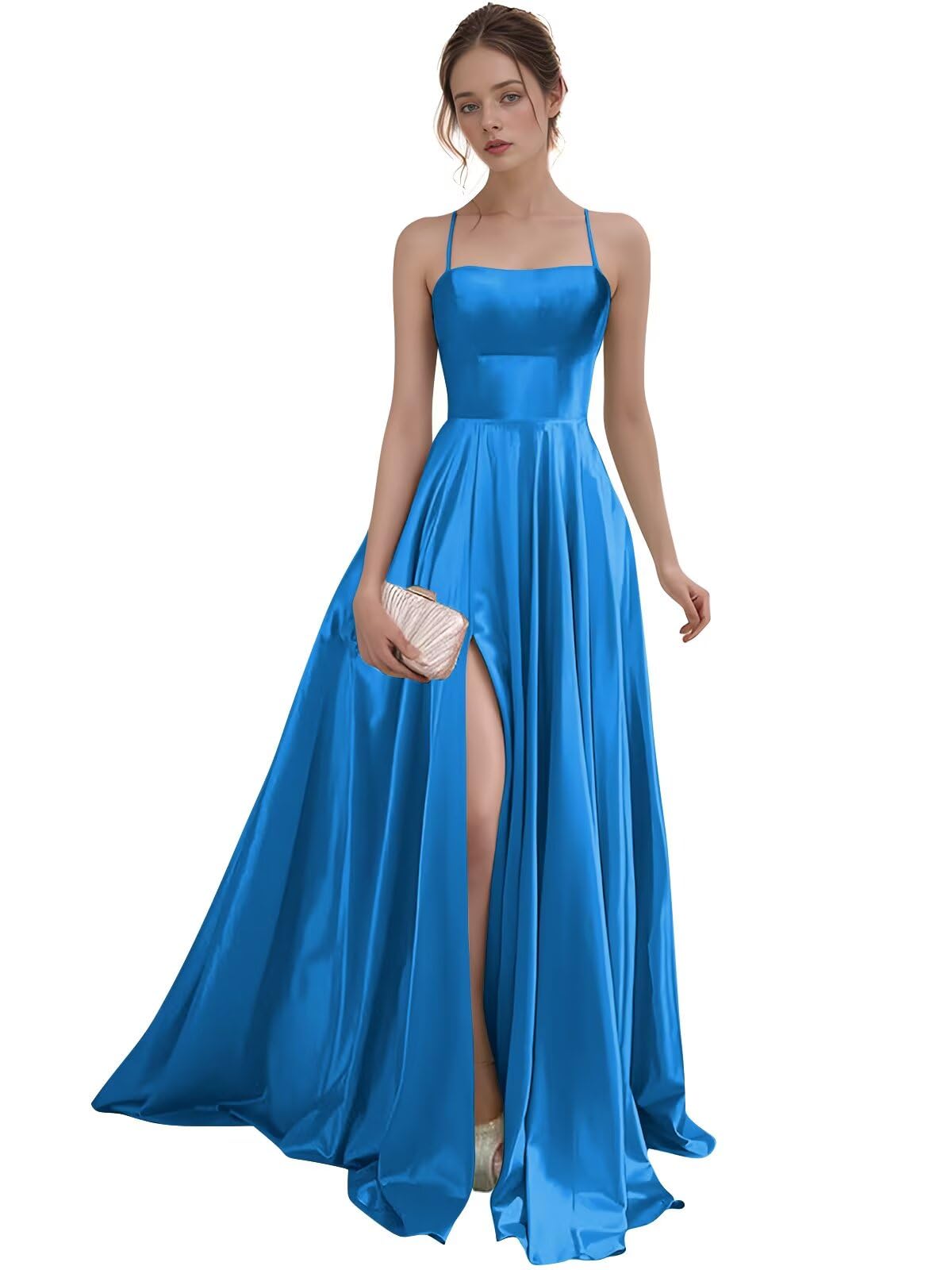 Women's Satin Prom Dresses with Slit Strapless A Line Corset Ball Gowns Spaghetti Straps Formal Evening Gowns with Pockets