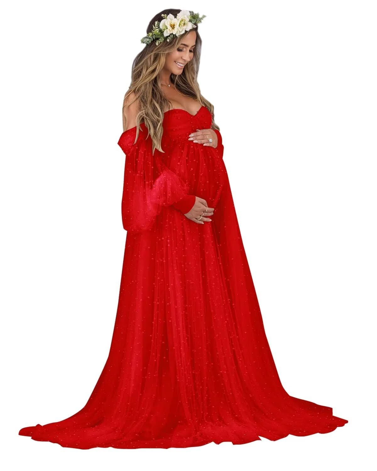 Kingbridal Pearl Tulle Maternity Dress for Photoshoot Long Puffy Sleeve Pregnancy Gown
