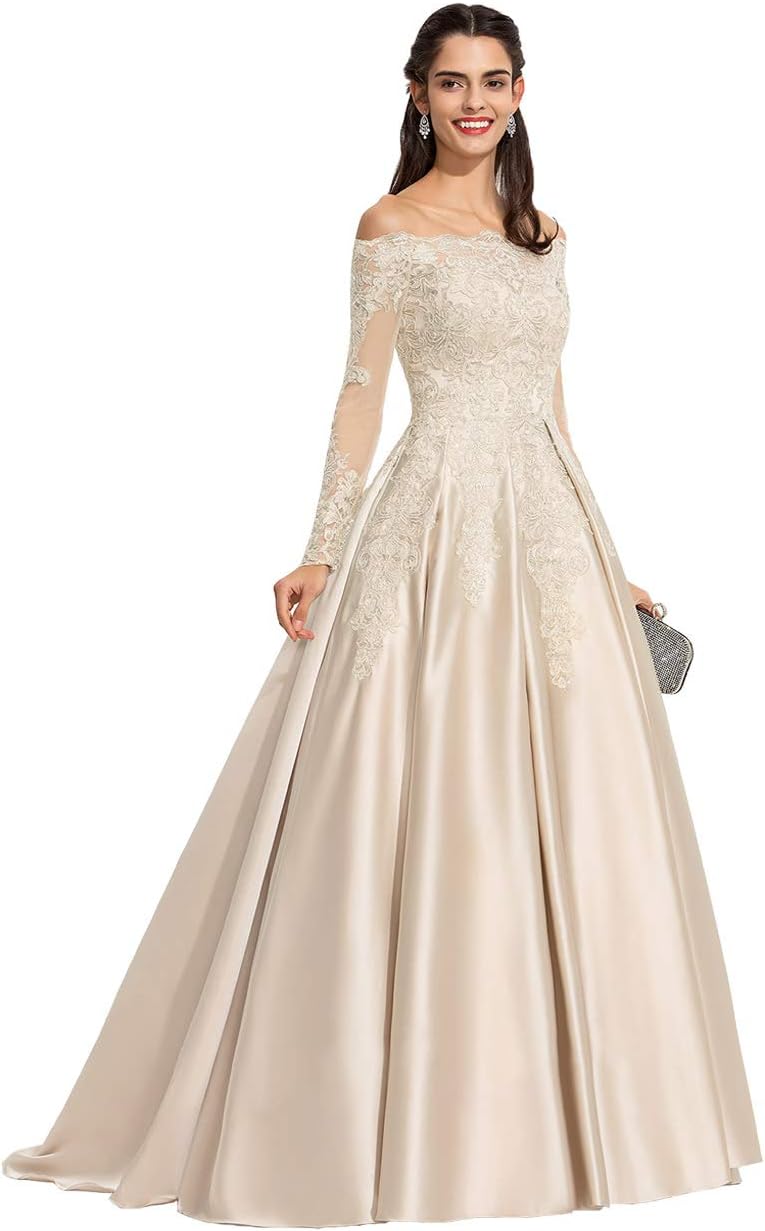 Vestidos de fiesta formales de satén con apliques de encaje y hombros descubiertos para mujer, con mangas largas