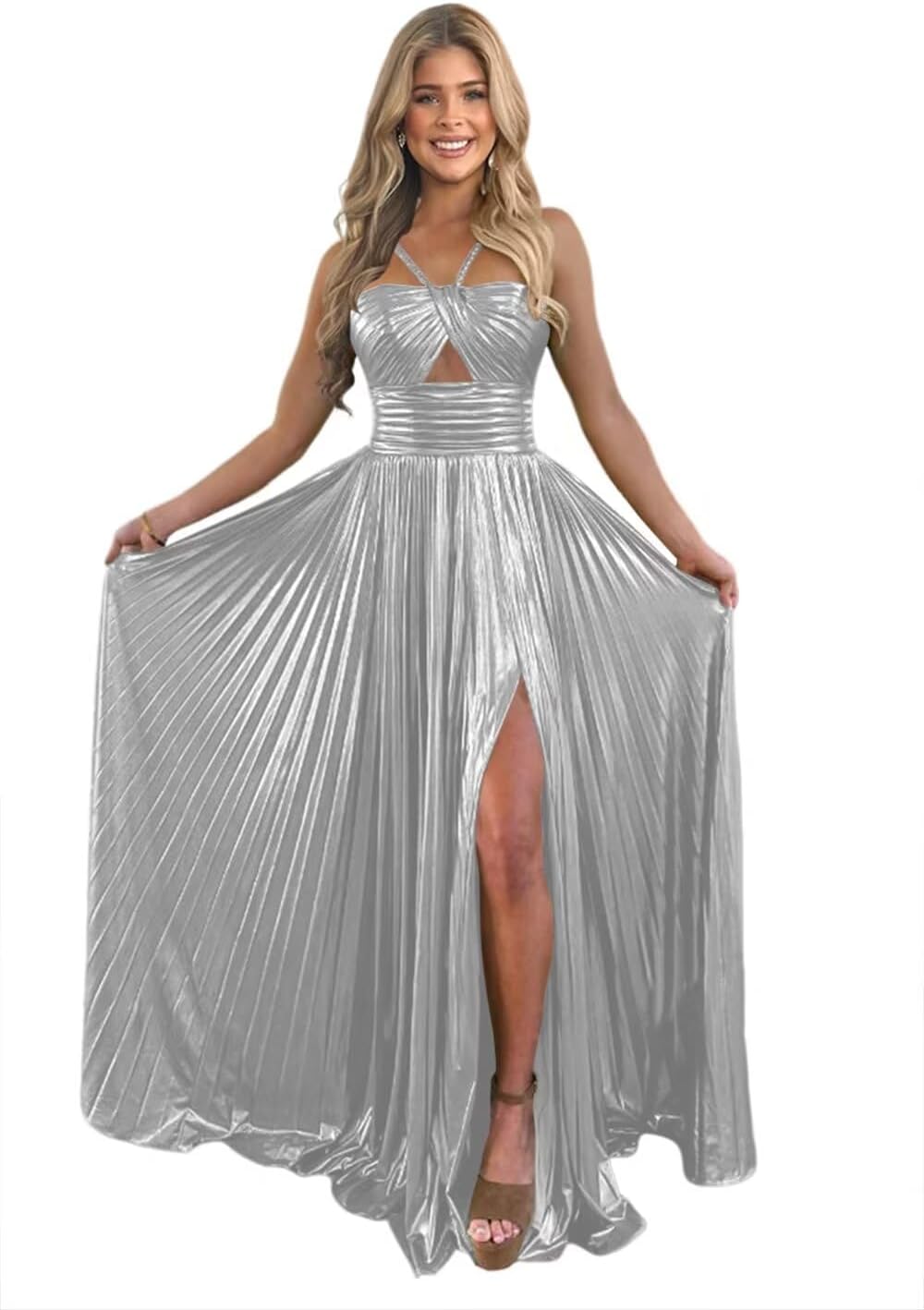 Vestido de fiesta de satén metálico brillante con abertura para mujer, vestido formal de noche plisado con cuello halter 