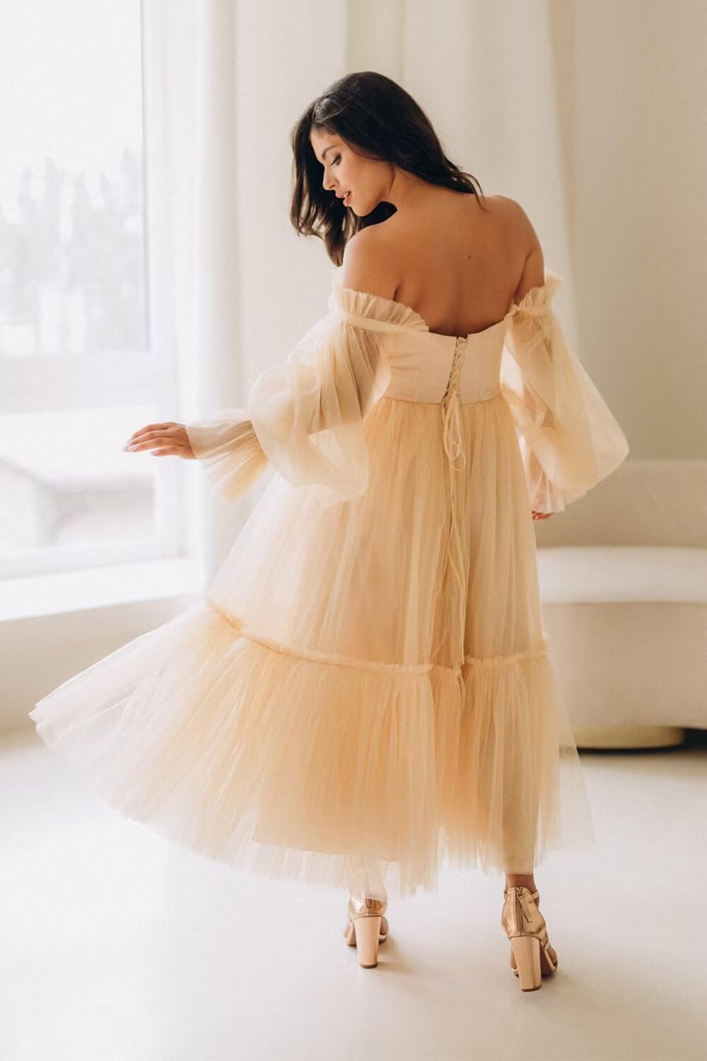 Eightale Tulle Tea Length Maternity Dresses for Photo Shoot Long Sleeve Pregnancy Gown for Baby Shower
