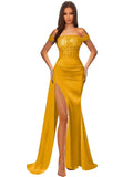 Off Shoulder Sequin Prom Dresses for Women 2027 Long Mermaid Tight Satin Formal Evening Party Dress with Slit