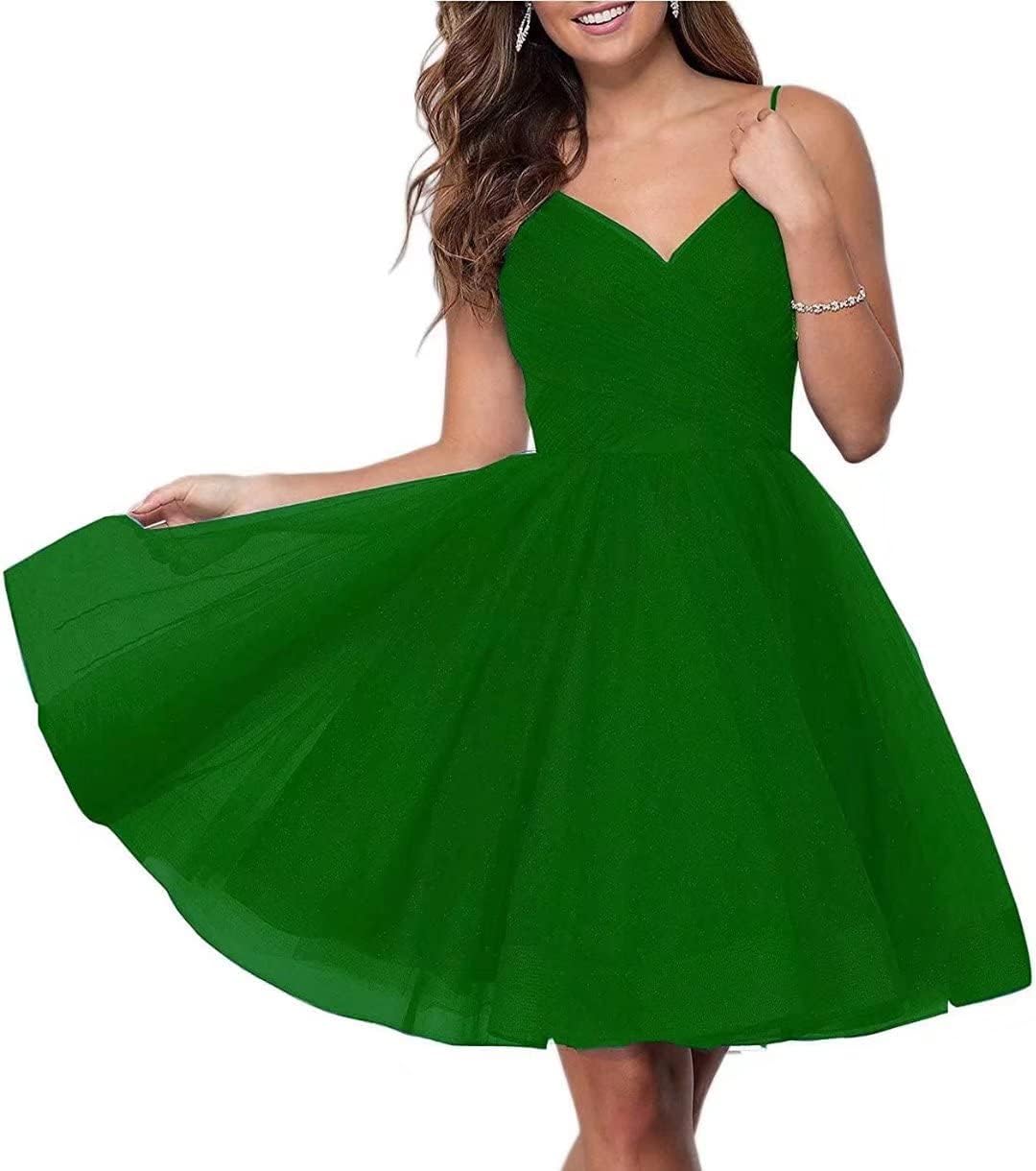 Short Homecoming Dresses Spaghetti Straps V Neck Glitter Tulle Ball Gown Short Prom Graduation Dress for Juniors