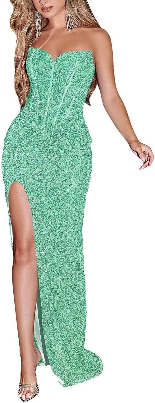 Sparkly Sequin Prom Dresses for Women 2025 Long Mermaid Strapless Glitter Formal Evening Prom Ball Gown with Slit
