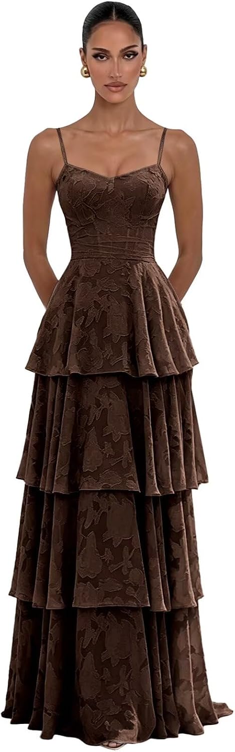Jacquard Floral Bridesmaid Dresses for Women Long A-Line V Neck Lace Tiered Formal Evening Gown