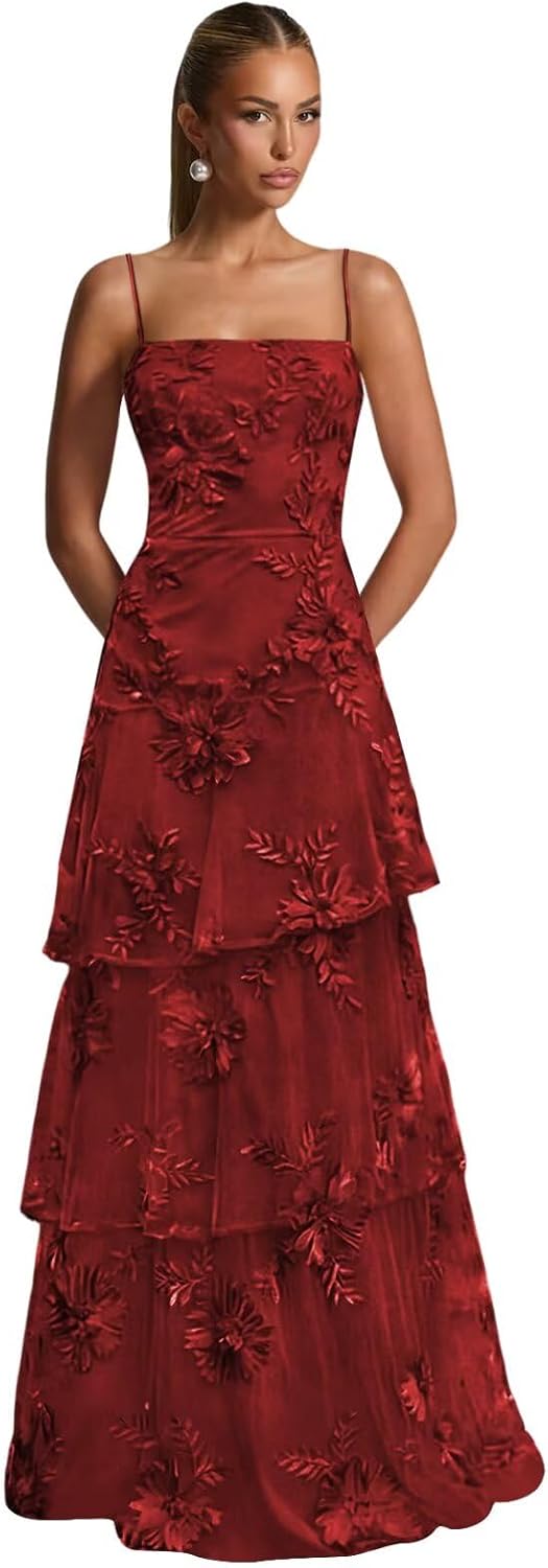 Ruffle Floral Embroidery Prom Dress Long A Line Tiered Bridesmaid Dresses Formal Evening Gowns