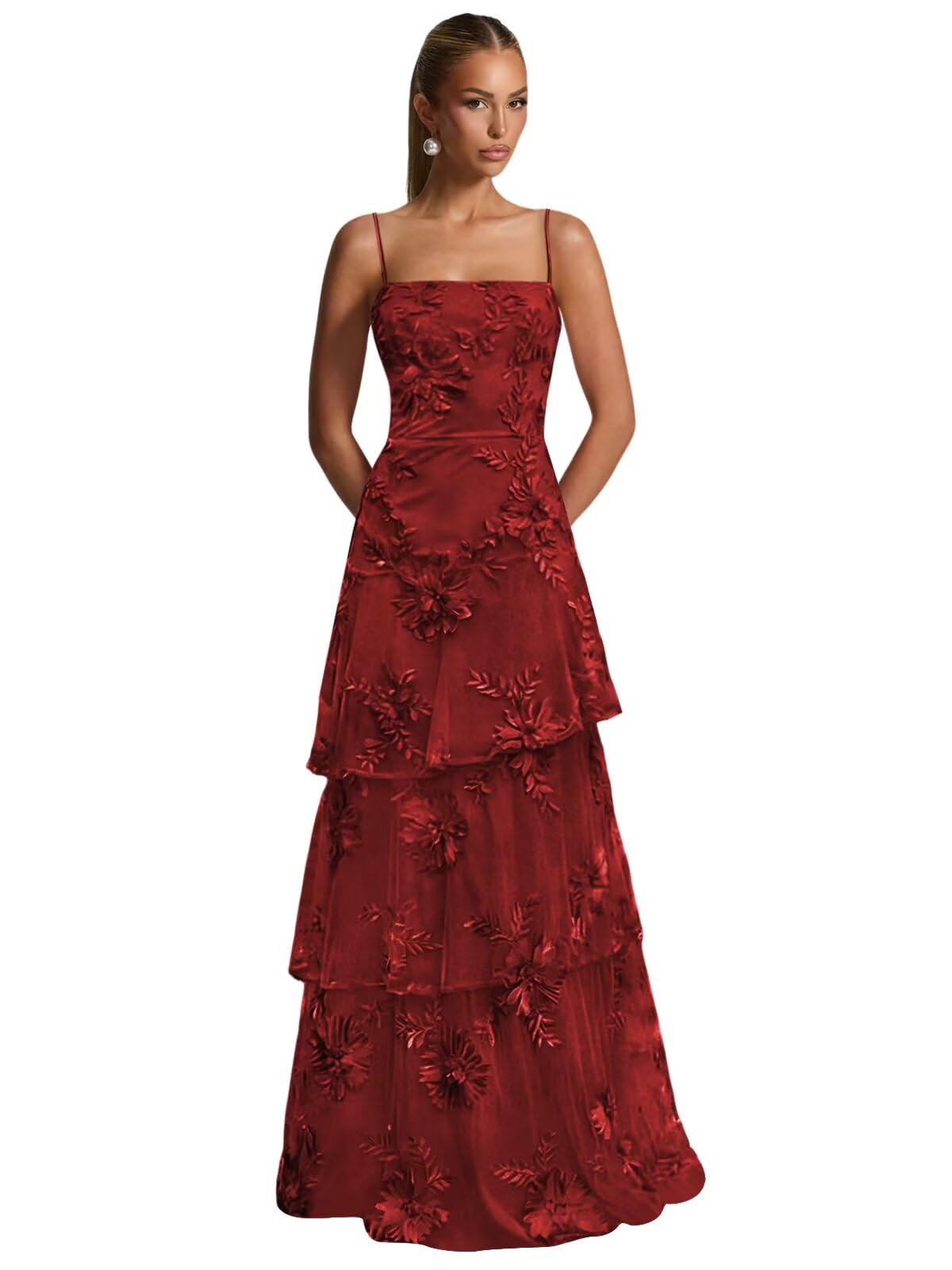 Ruffle Floral Embroidery Prom Dress Long A Line Tiered Bridesmaid Dresses Formal Evening Gowns