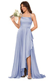 Women's Long Satin Bridesmaid Dresses Spaghetti Strap Halter Formal Evening Gown Ruffle High Low Wedding Guest Dress