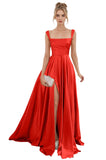 Spaghetti Straps Satin Bridesmaid Dresses for Women Long A-Line Square Neck Formal Evening Party Gown with Slit