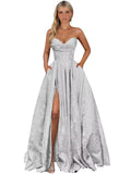 Strapless Jacquard Satin Prom Dresses for Women Corset A Line Long Formal Evening Party Gowns with Slit