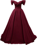 Off Shoulder Satin Prom Dresses for Women V-Neck Elegant A-Line Long Pleated Formal Evening Gown