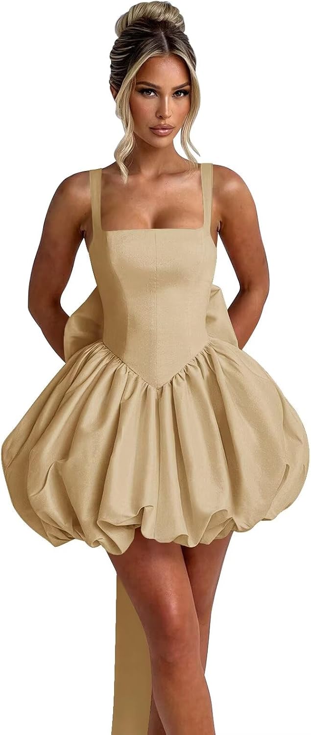 Puffy Satin Homecoming Dresses Mini A-line Short Prom Dress with Bow Cocktail Party Gown
