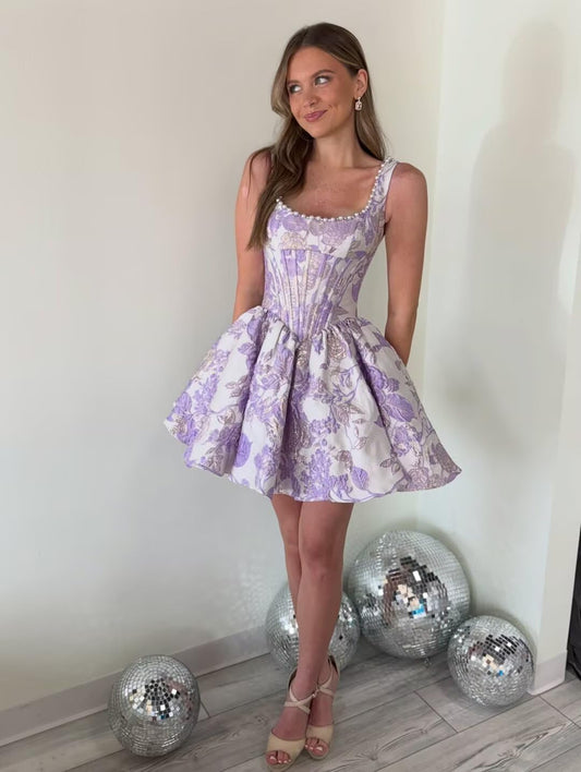 Jacquard Satin Homecoming Dresses Short Floral Prom Dresses for Teens Square Neck Homecoming Dresses 2026 Jacquard Satin Graduation Gown