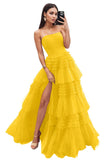 Strapless Tiered Tulle Prom Dresses for Women 2027 Long Sparkly A-Line Formal Evening Party Ball Gowns with Slit