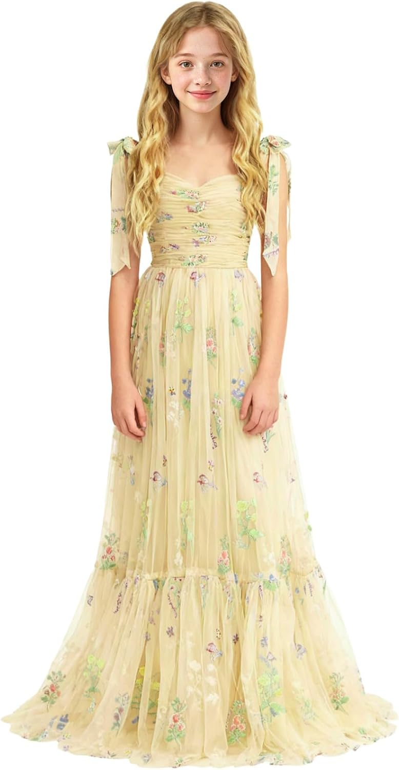 Floral Embroidered Tulle Flower Girl Dress Sweetheart Junior Bridesmaid Dresses Tiered Ruffled Formal Party Prom Gown