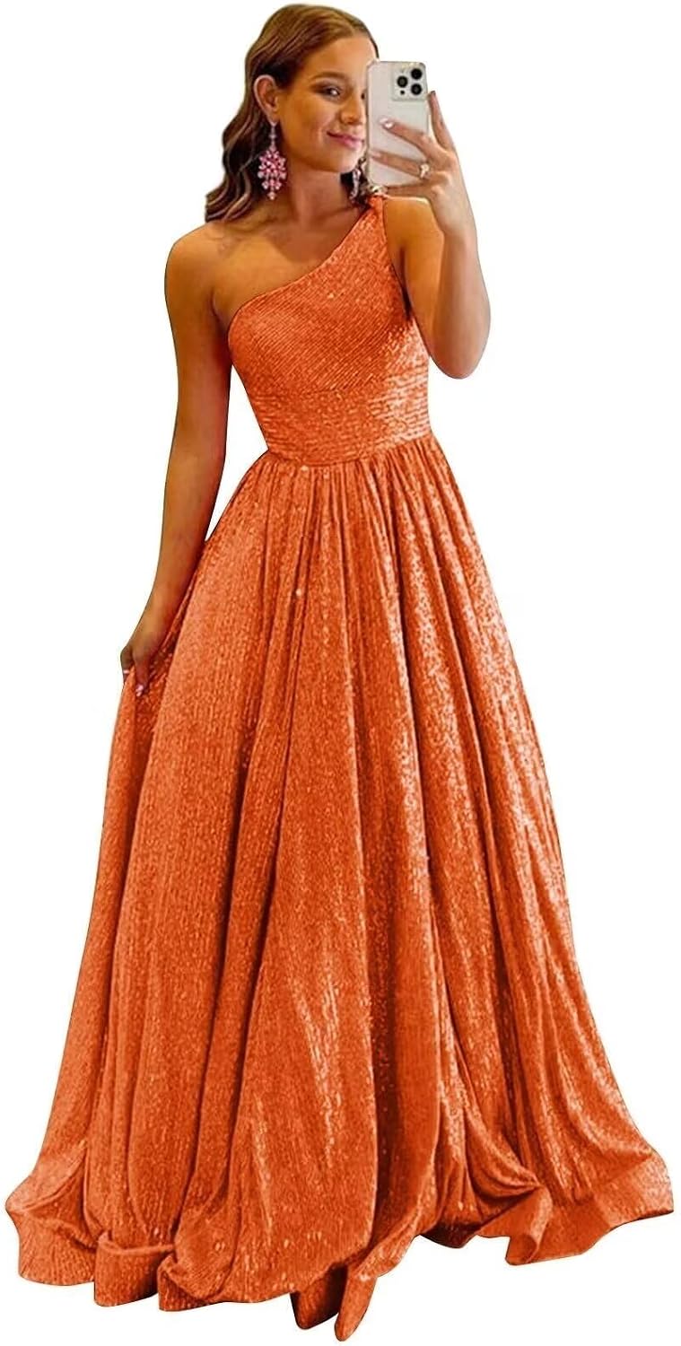 One Shoulder Sequin Prom Dresses for Women 2027 Sparkly Long A-Line Formal Evening Party Ball Gowns with Pockets