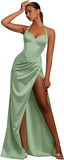 Women's Satin Halter Prom Dresses with Slit Ruched Long Corset Formal Evening Party Gown