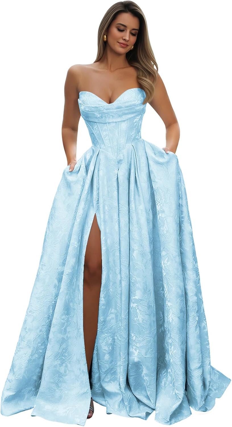 Strapless Prom Dress Jacquard Satin Ball Gown Pleated A Line Long Corset Formal Evening Dresses with Slit Pockets