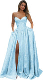 Strapless Prom Dress Jacquard Satin Ball Gown Pleated A Line Long Corset Formal Evening Dresses with Slit Pockets