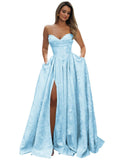 Strapless Prom Dress Jacquard Satin Ball Gown Pleated A Line Long Corset Formal Evening Dresses with Slit Pockets
