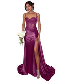 Lace Satin Prom Dresses for Women 2026 Long Mermaid Spaghetti Straps Corset Formal Evening Party Dress with Slit