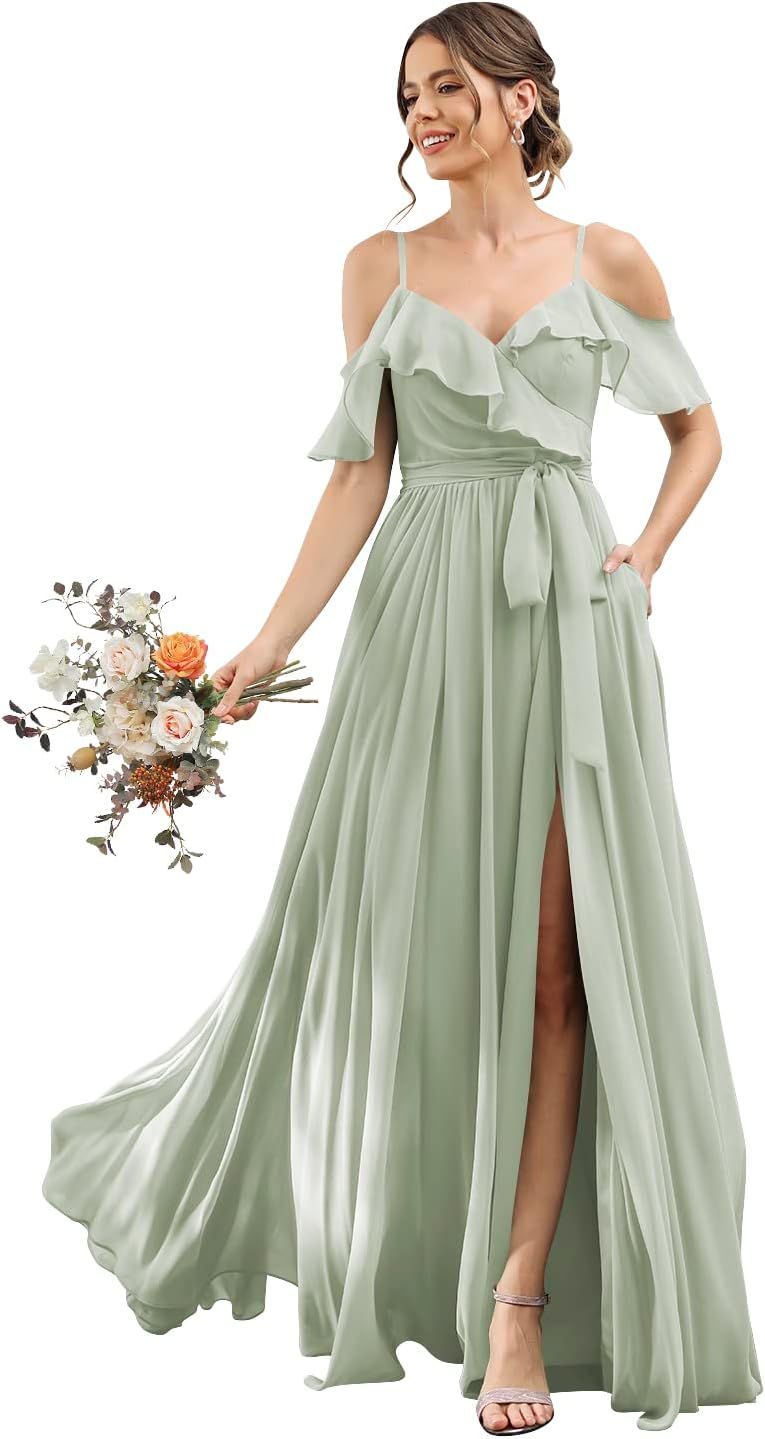 Women's Bridesmaid Dresses with Slit Long Cold Shoulder Chiffon Formal Party Dress with Pockets