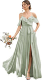 Women's Bridesmaid Dresses with Slit Long Cold Shoulder Chiffon Formal Party Dress with Pockets