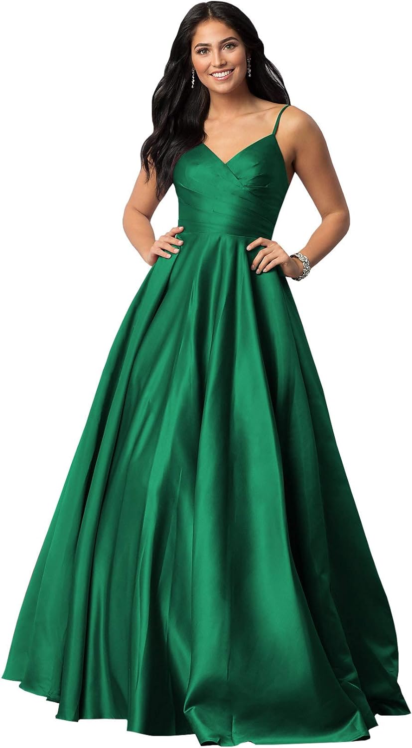 Women's Spaghetti Straps Satin Prom Dresses with Pockets V Neck Pleated Formal Evening Ball Gowns